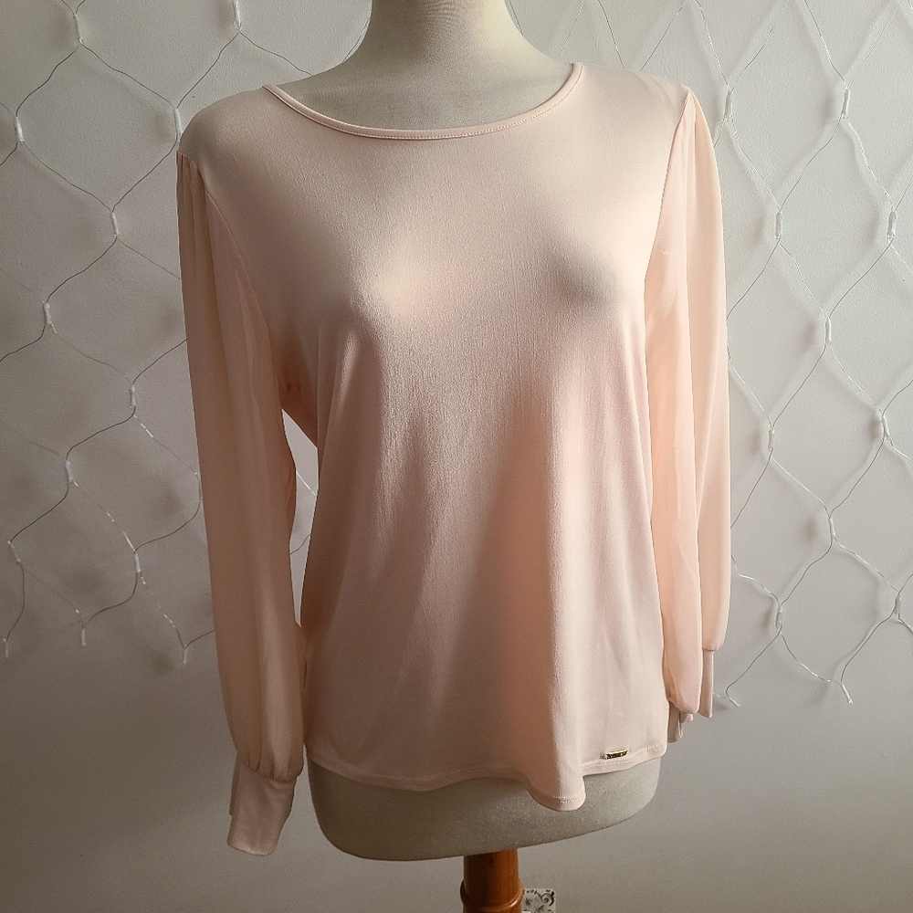 Calvin Klein Slinky Top • Blush Pink • Semi-Sheer Sleeves • Size Medium